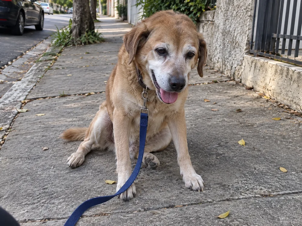 Vira-lata caramelo idoso sentado na calçada durante o passeio, com a guia solta